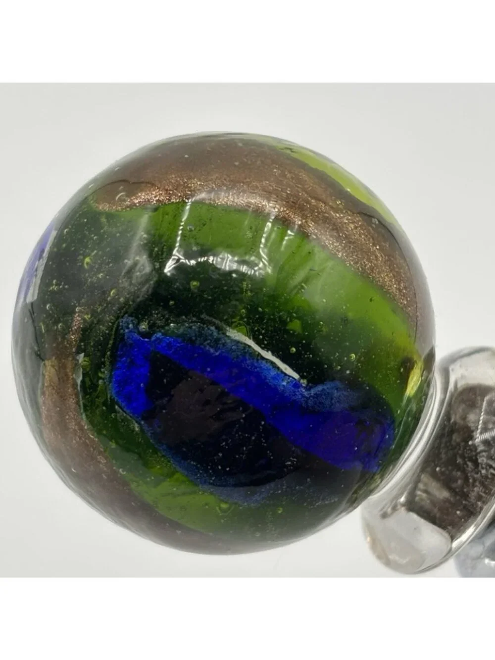Art Glass Wine Bottle Stopper Topper Green Ball Glossy Bubbles Gold Blue Striped